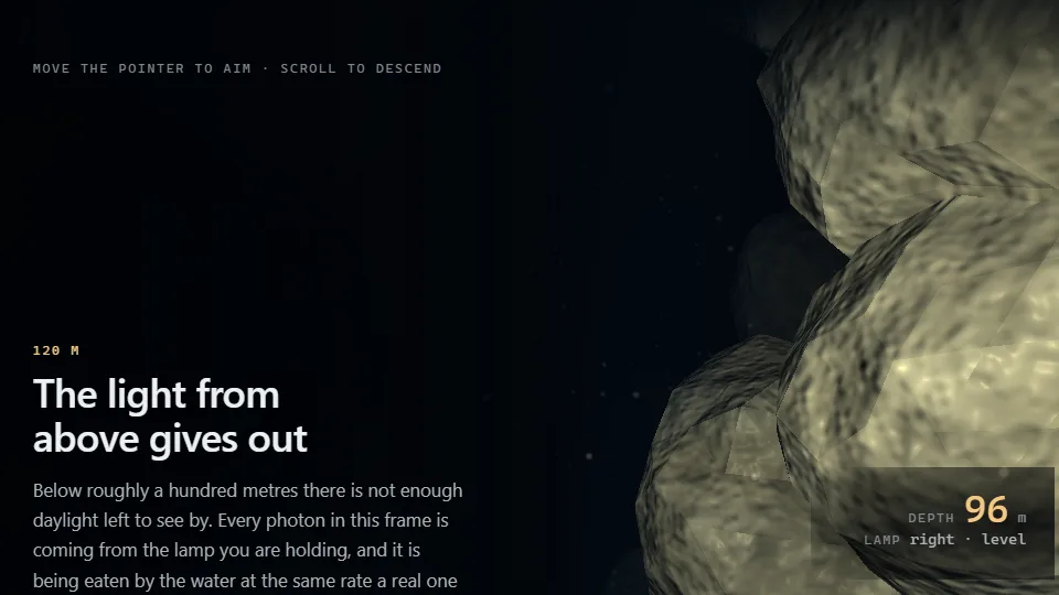 The abyss demo: a rock wall lit by a single warm lamp in dark water,
                      with marine snow drifting through the beam.