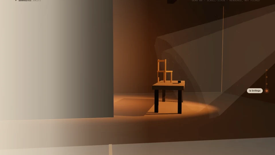 The soglia demo: a half-made chair on a workbench inside a dark
                      workshop, seen through the doorway, dust drifting in the light.