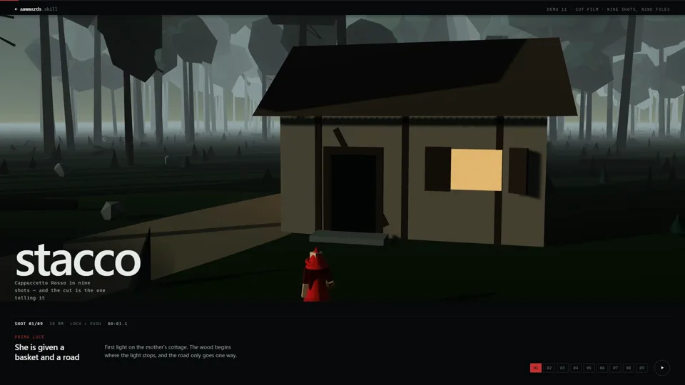 The stacco demo: a cottage at first light in a foggy wood with a small
                      red-cloaked figure on the path, the word stacco set large over the
                      lower left, and a slate reading SHOT 01/09, 28 MM, LOCK + PUSH.